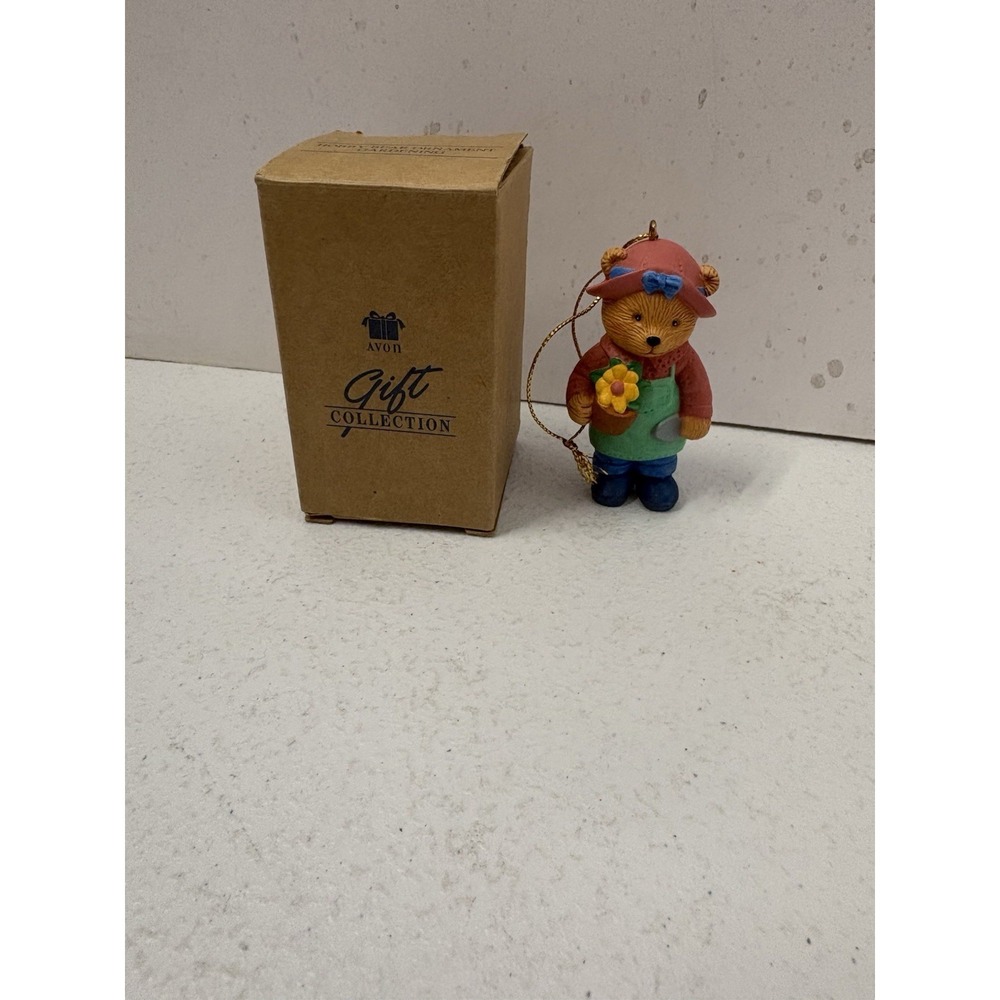Vintage 1996 AVON HOBBY BEAR ORNAMENT GARDENING Teddy Flowerpot Sunflower  & Box